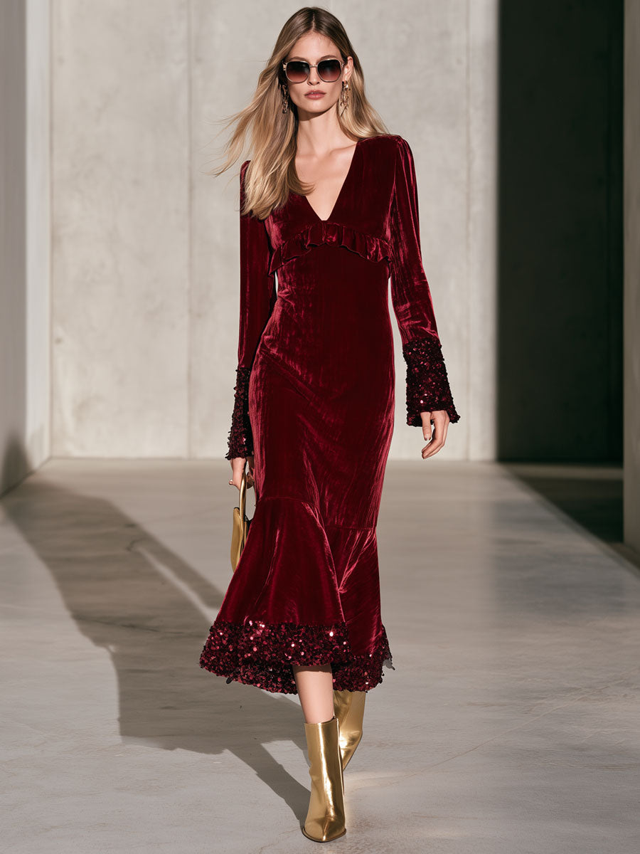 Stylish And Elegant Sequined Burgundy Velvet Ruffled Fishtail Midi Dress