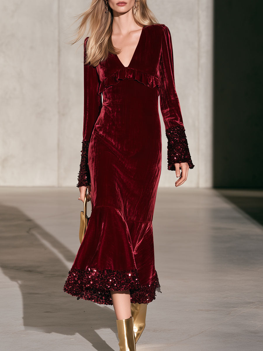 Stylish And Elegant Sequined Burgundy Velvet Ruffled Fishtail Midi Dress