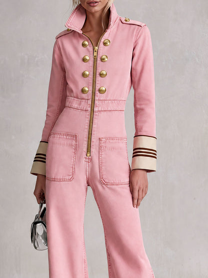 Retro-style Decorative Button Military Pink Faux Wool Washed Denim Jumpsuit