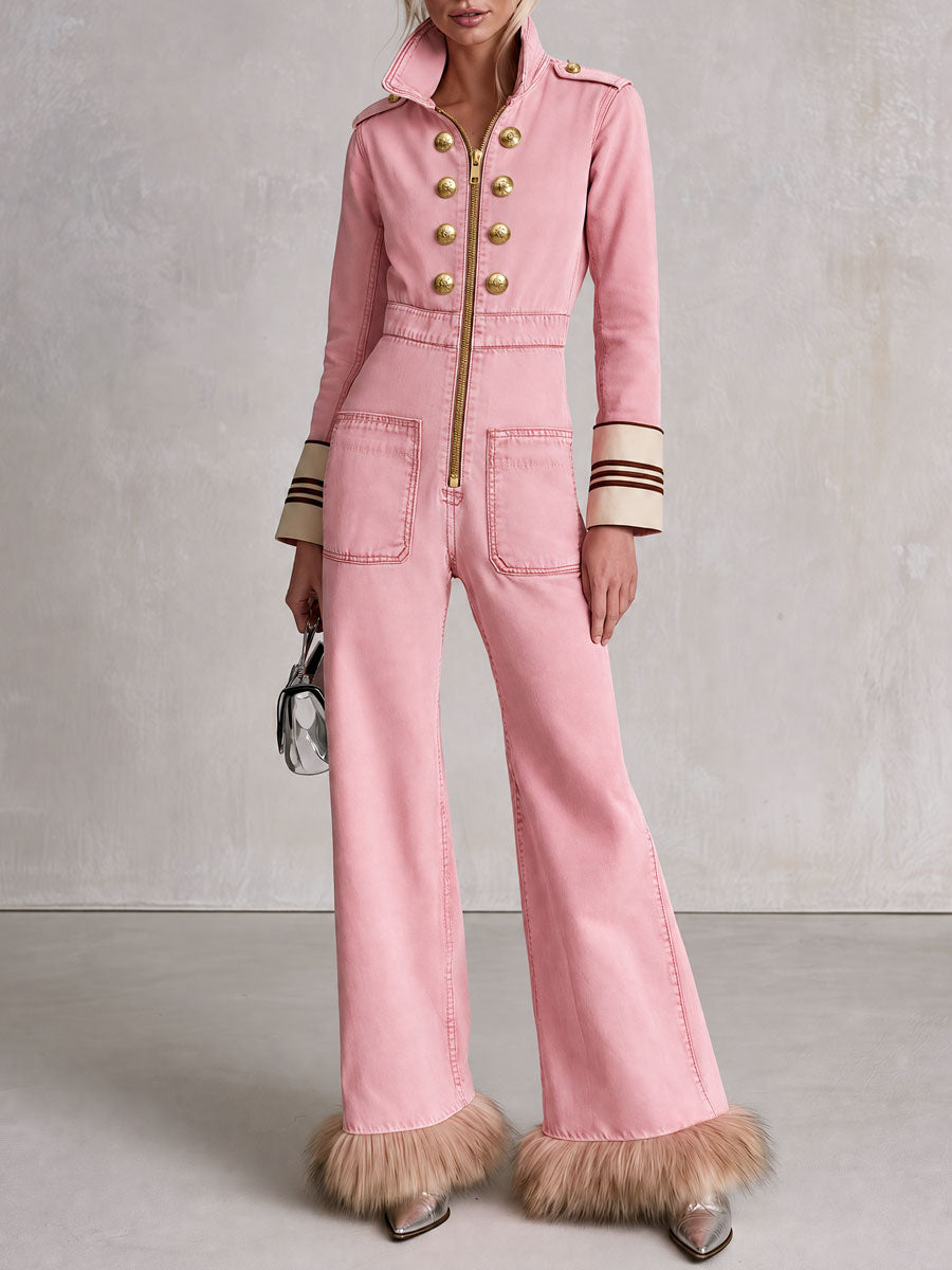 Retro-style Decorative Button Military Pink Faux Wool Washed Denim Jumpsuit