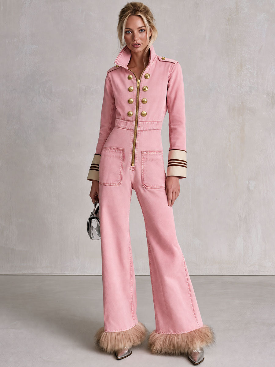 Retro-style Decorative Button Military Pink Faux Wool Washed Denim Jumpsuit