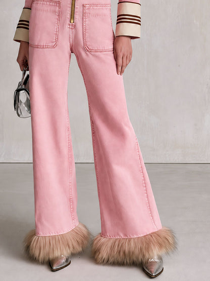 Retro-style Decorative Button Military Pink Faux Wool Washed Denim Jumpsuit