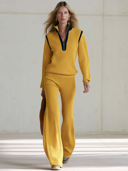Casual And Stylish Half-zip Yellow Knit Top And Pants Set