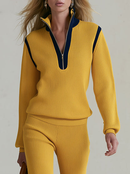 Casual And Stylish Half-zip Yellow Knit Top And Pants Set