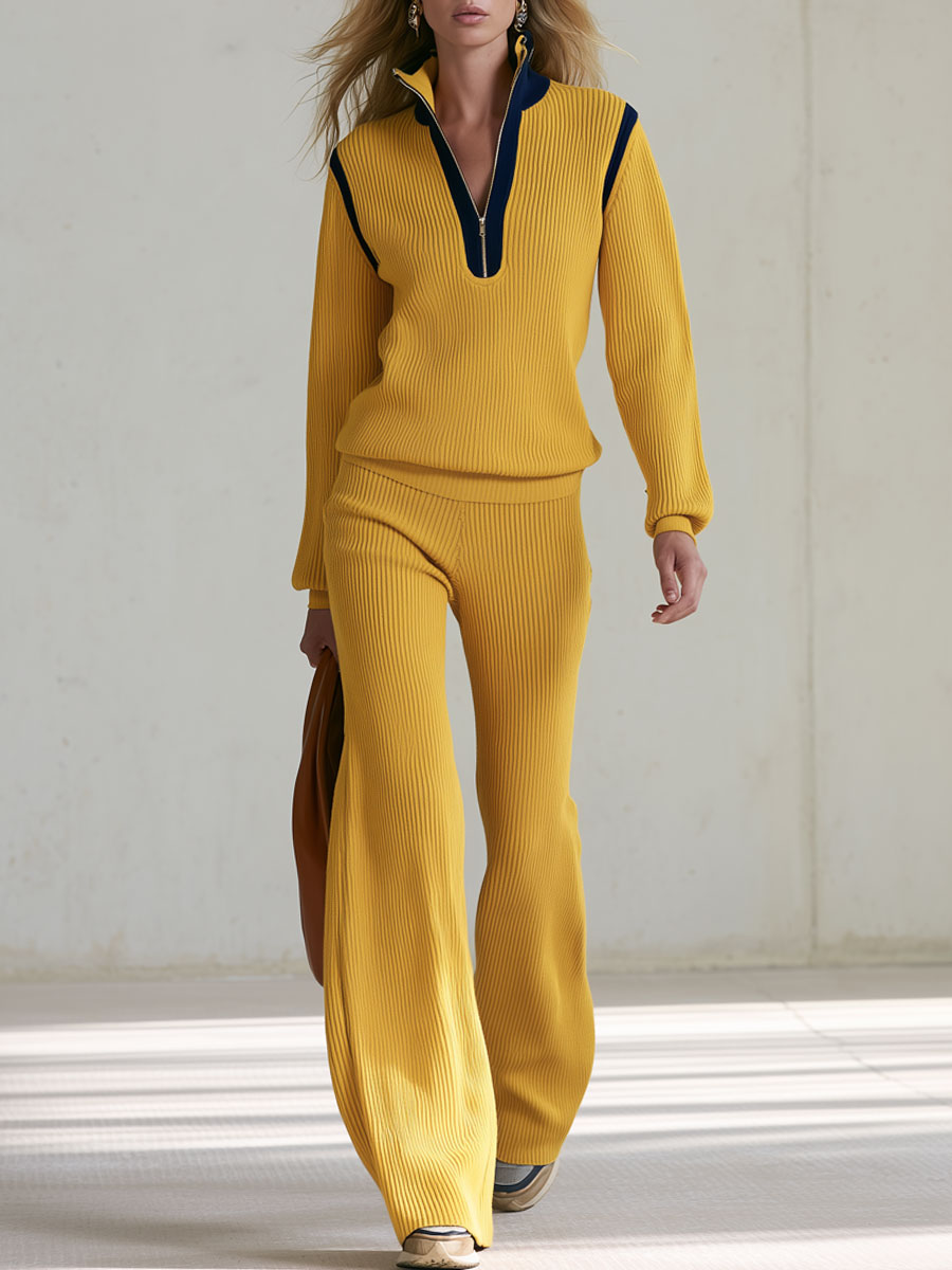 Casual And Stylish Half-zip Yellow Knit Top And Pants Set