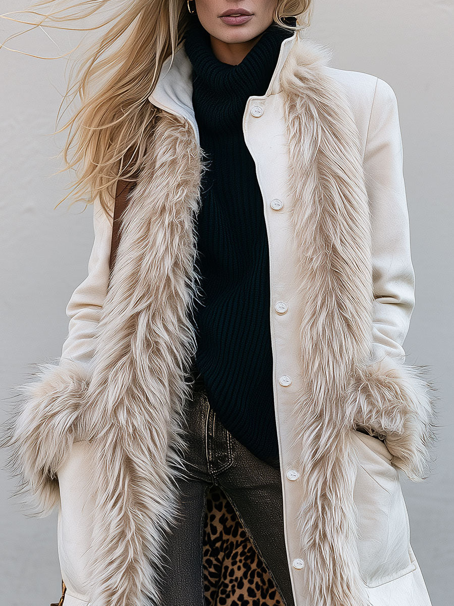 Classic Retro Faux Fur White Faux Suede Leopard Print Lining Coat