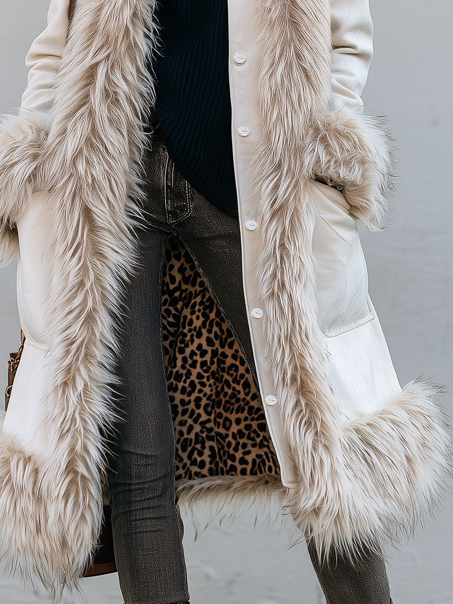 Classic Retro Faux Fur White Faux Suede Leopard Print Lining Coat