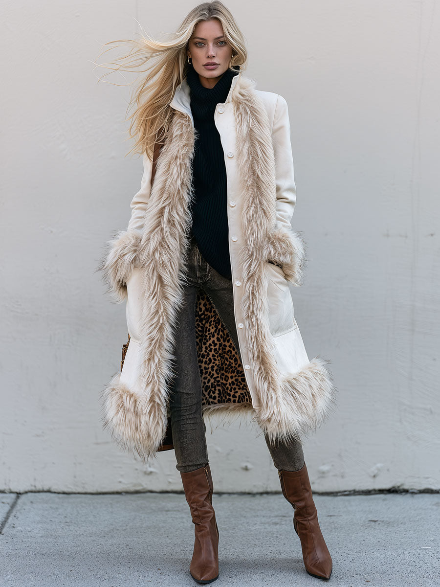 Classic Retro Faux Fur White Faux Suede Leopard Print Lining Coat
