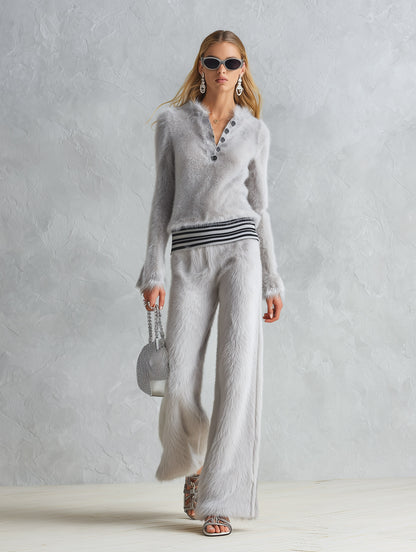 Stylish Striped-Trim Grey Top And Wide-Leg Trousers Faux Fur Set