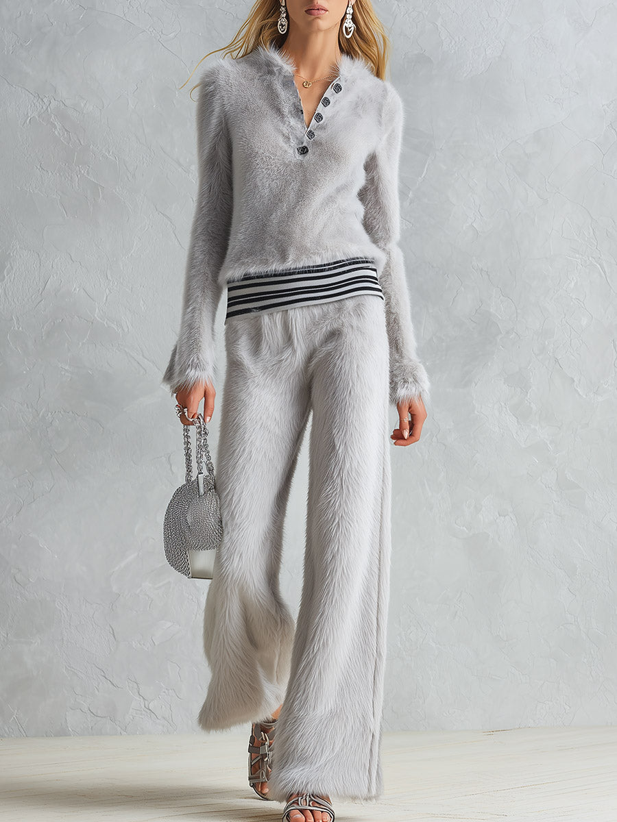 Stylish Striped-Trim Grey Top And Wide-Leg Trousers Faux Fur Set