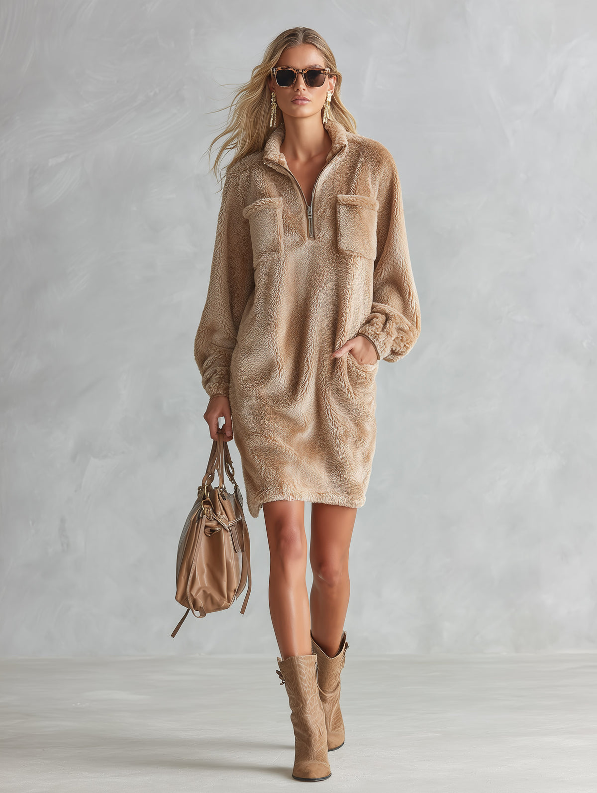 Stylish And Warm Khaki Half-Zip Faux Fur Mini Dress
