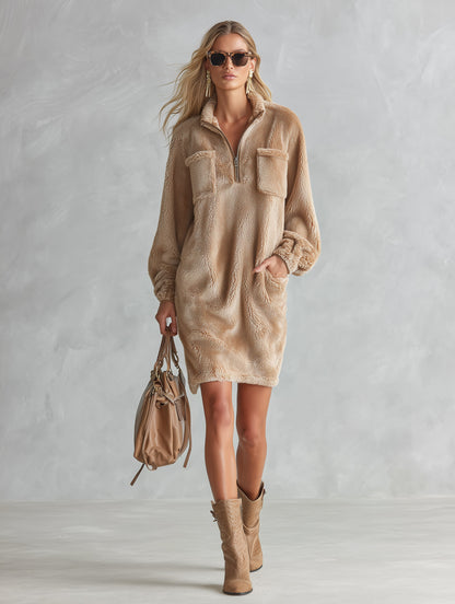 Stylish And Warm Khaki Half-Zip Faux Fur Mini Dress