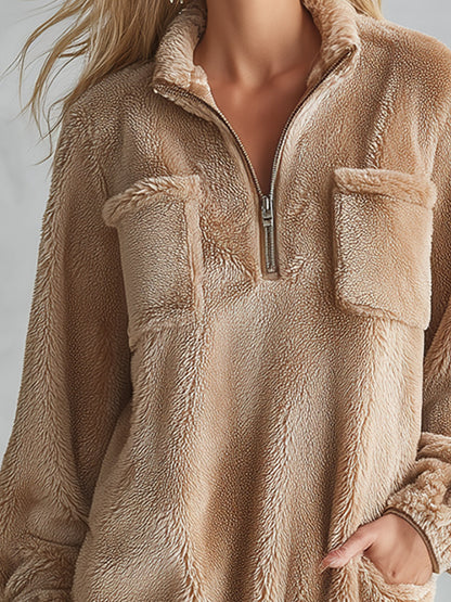 Stylish And Warm Khaki Half-Zip Faux Fur Mini Dress