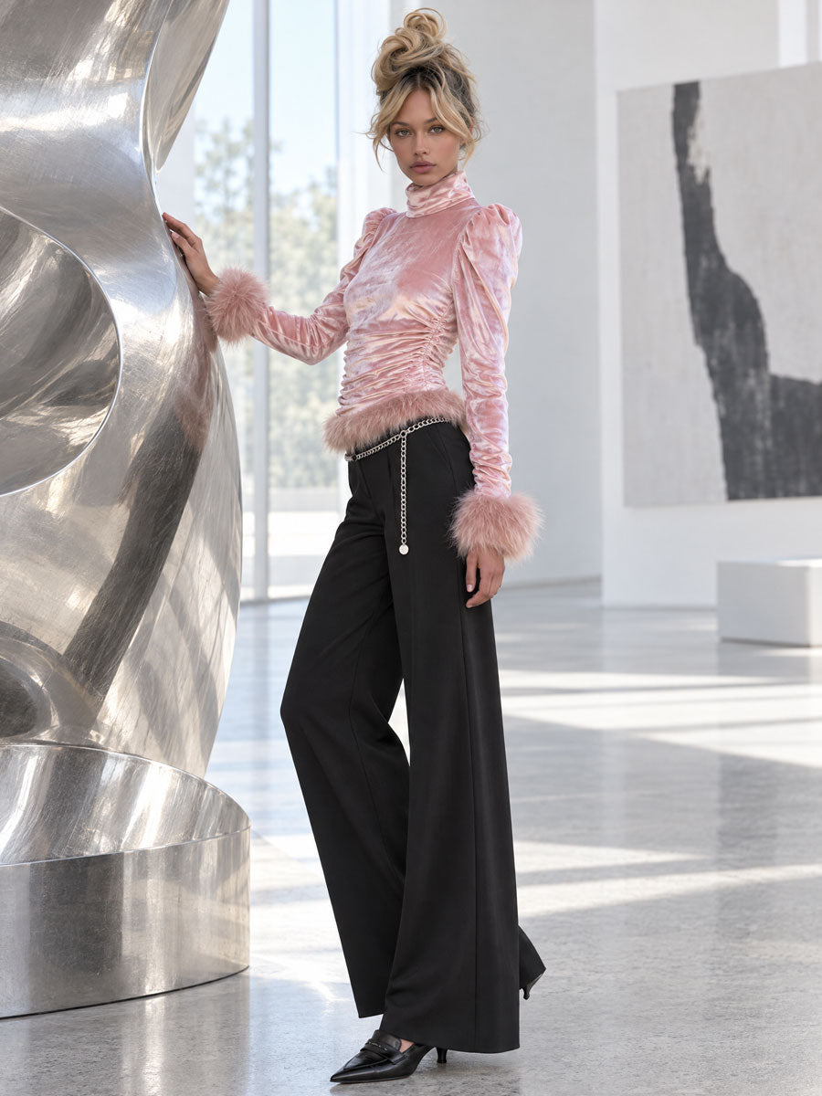 Retro-elegant Faux Fur Trim Pink Velvet Shirt