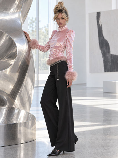 Retro-elegant Faux Fur Trim Pink Velvet Shirt