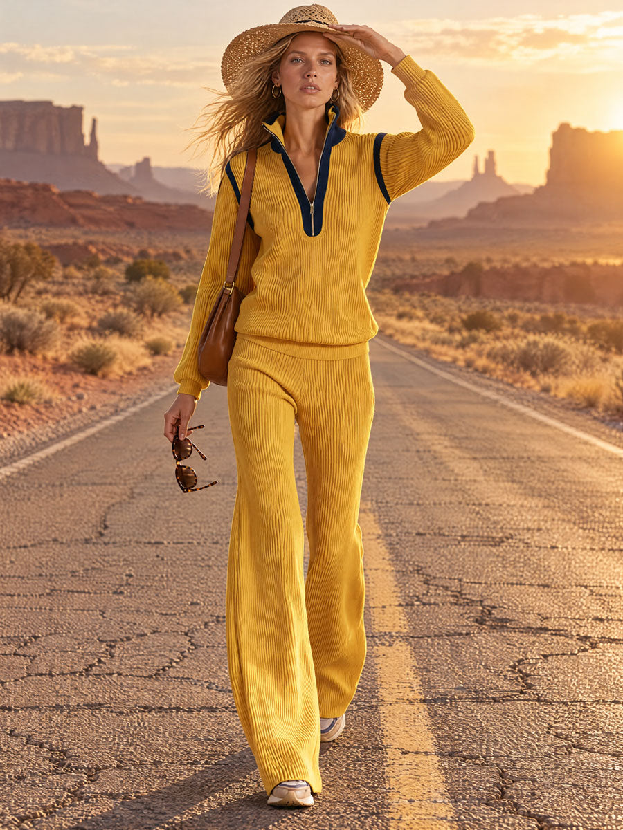 Casual And Stylish Half-zip Yellow Knit Top And Pants Set