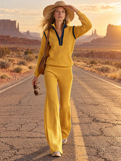 Casual And Stylish Half-zip Yellow Knit Top And Pants Set