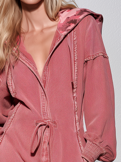 Retro Sporty Hooded Zip Front Wide Leg Jumpsuit