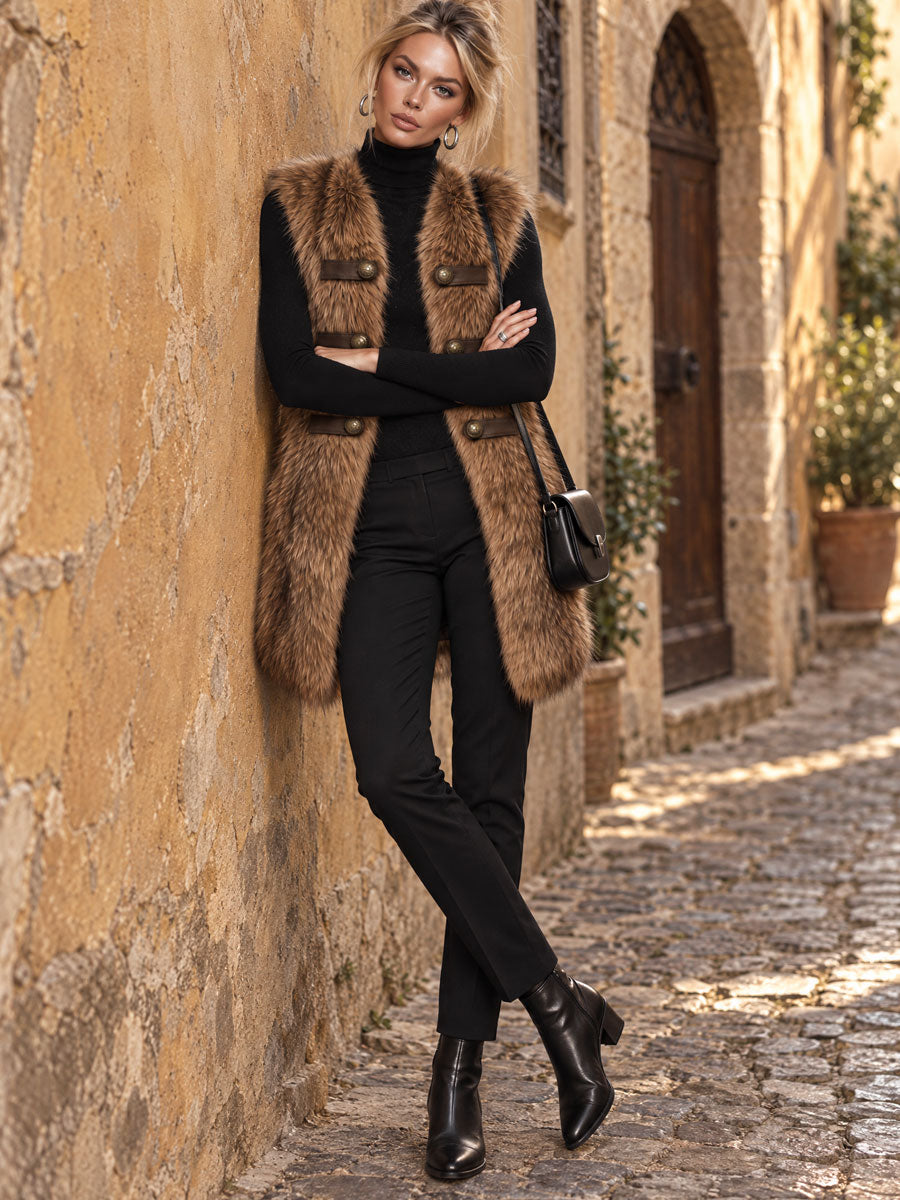 Classic Retro Double-breasted Decorative Button Brown Faux Fox Fur Vest