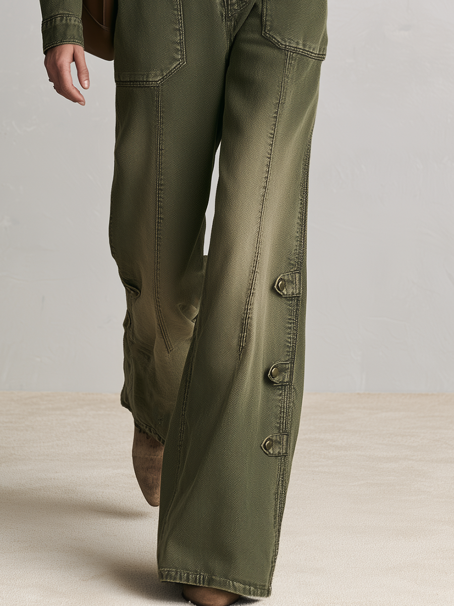 Vintage Utility Zip Front Pocket Buckle Strap Wide Leg Jumpsuit