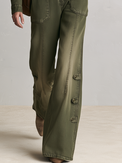 Vintage Utility Zip Front Pocket Buckle Strap Wide Leg Jumpsuit