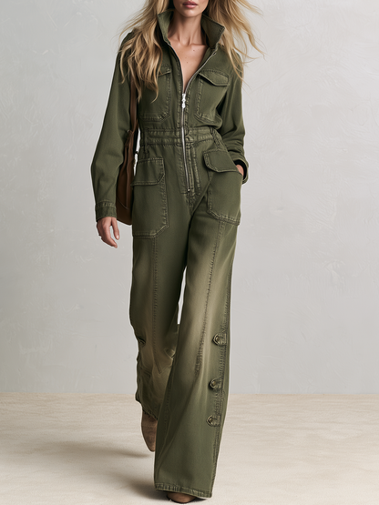 Vintage Utility Zip Front Pocket Buckle Strap Wide Leg Jumpsuit