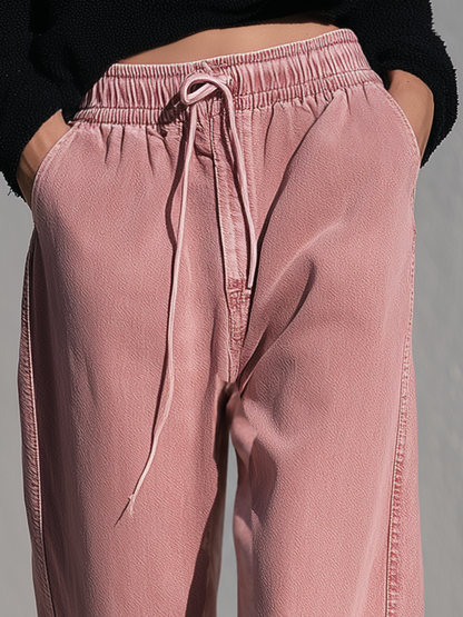 Retro Sporty Drawstring Buckle Hem Wide Leg Jeans
