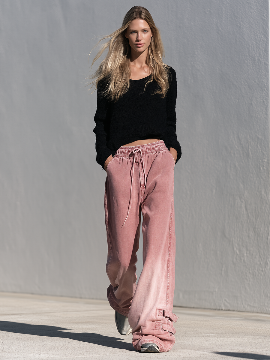 Retro Sporty Drawstring Buckle Hem Wide Leg Jeans
