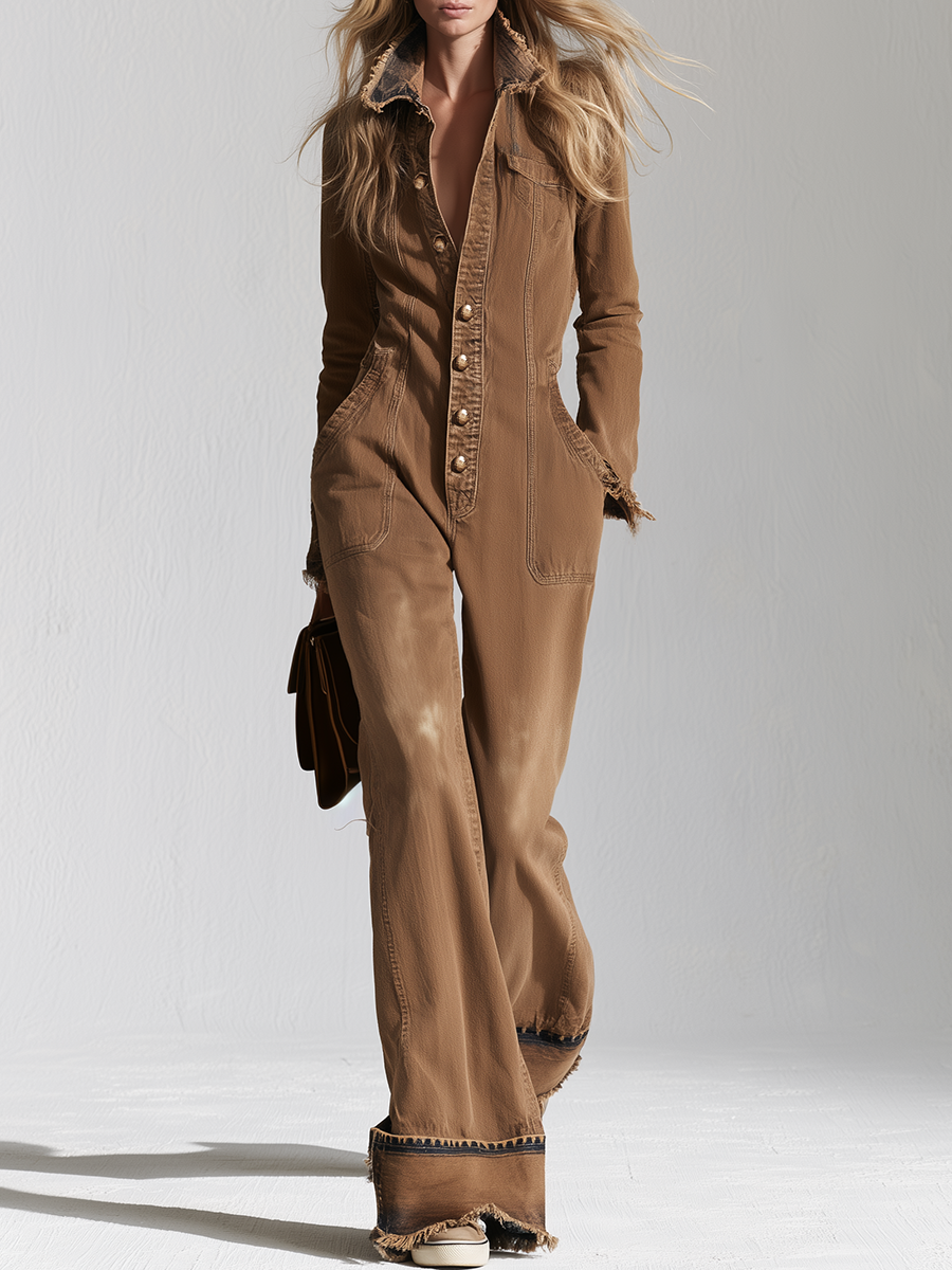Retro Western Frayed Hem Snap Front Flare Denim Jumpsuit