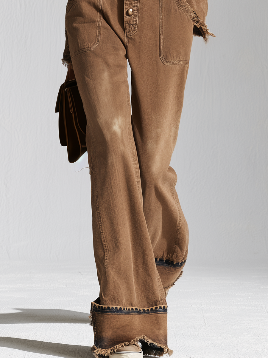 Retro Western Frayed Hem Snap Front Flare Denim Jumpsuit