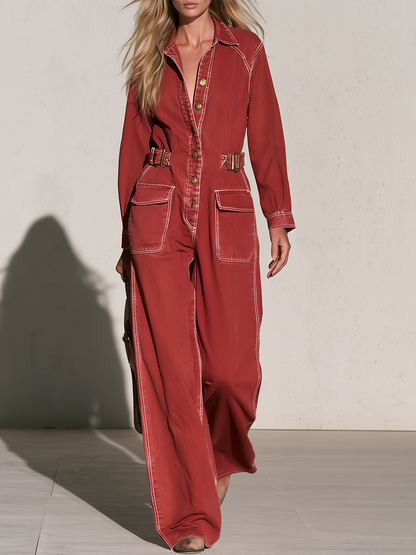 Vintage Utility Contrast Stitch Buckle Waist Wide Leg Denim Jumpsuit