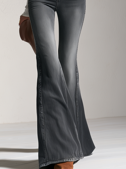 Retro Western Double Buckle Belt V Neck Flare Denim Jumpsuit