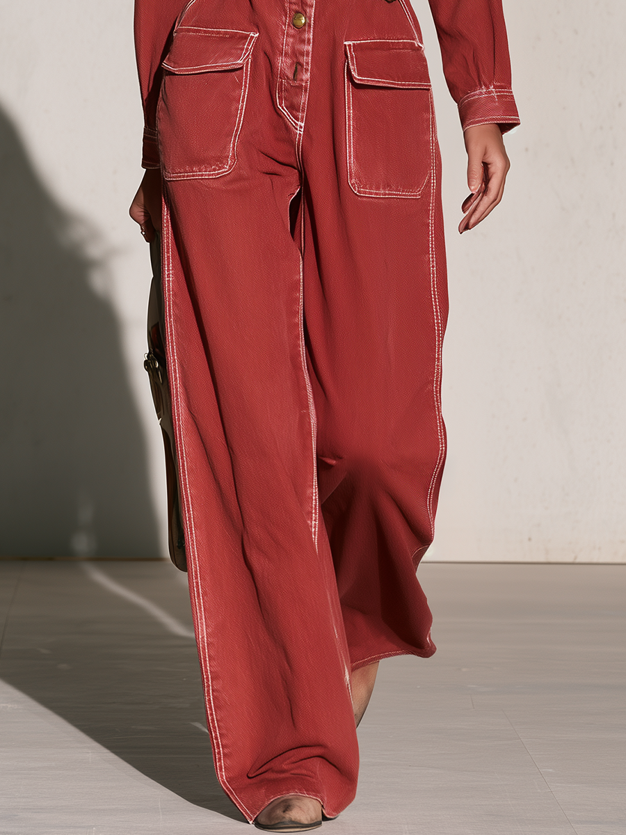 Vintage Utility Contrast Stitch Buckle Waist Wide Leg Denim Jumpsuit