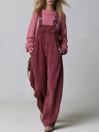 Retro Western Buckle Strap Pocket Wide Leg Denim Overalls
