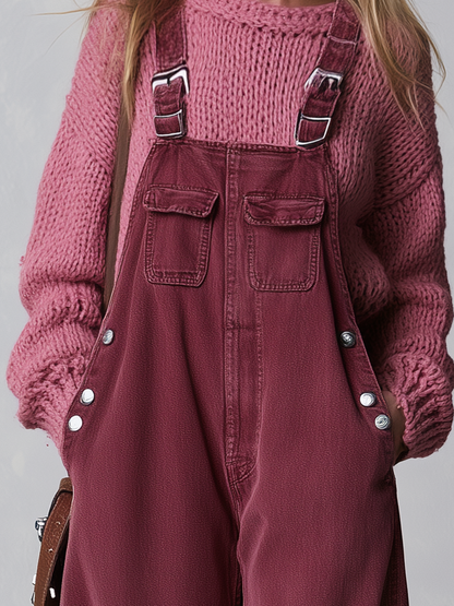 Retro Western Buckle Strap Pocket Wide Leg Denim Overalls
