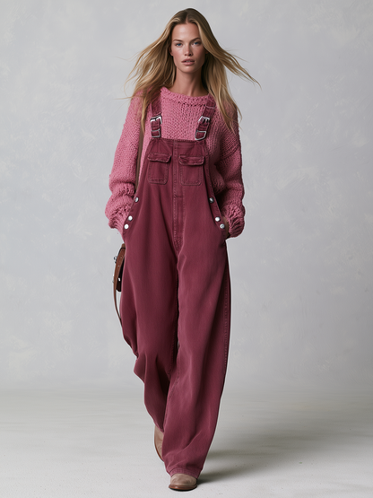 Retro Western Buckle Strap Pocket Wide Leg Denim Overalls