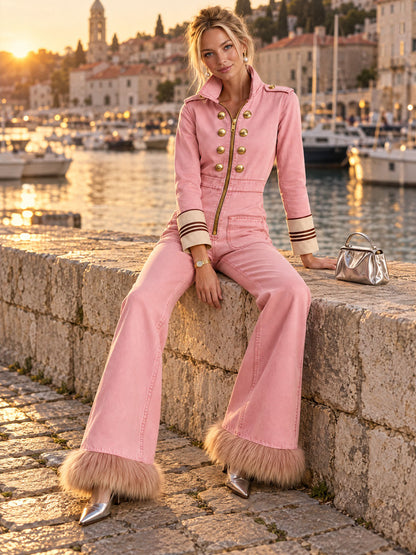 Retro-style Decorative Button Military Pink Faux Wool Washed Denim Jumpsuit