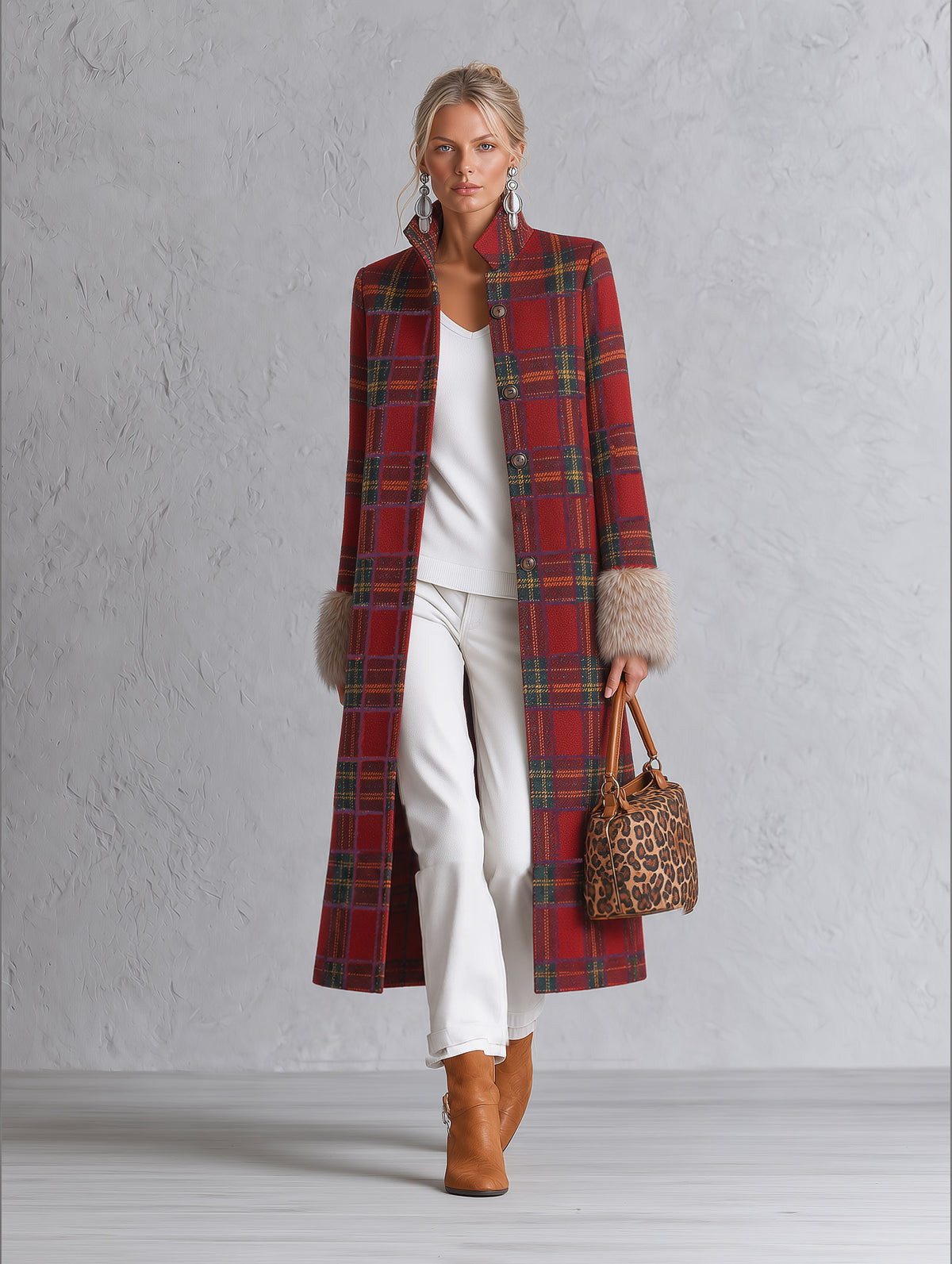 Vintage-style Faux-fur Trimmed Red Plaid Long Coat