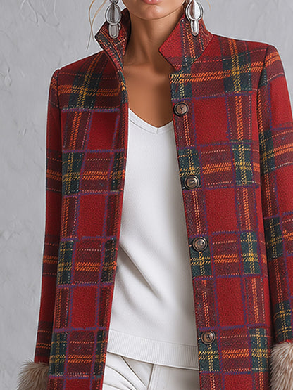 Vintage-style Faux-fur Trimmed Red Plaid Long Coat