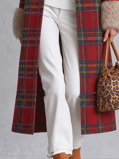 Vintage-style Faux-fur Trimmed Red Plaid Long Coat