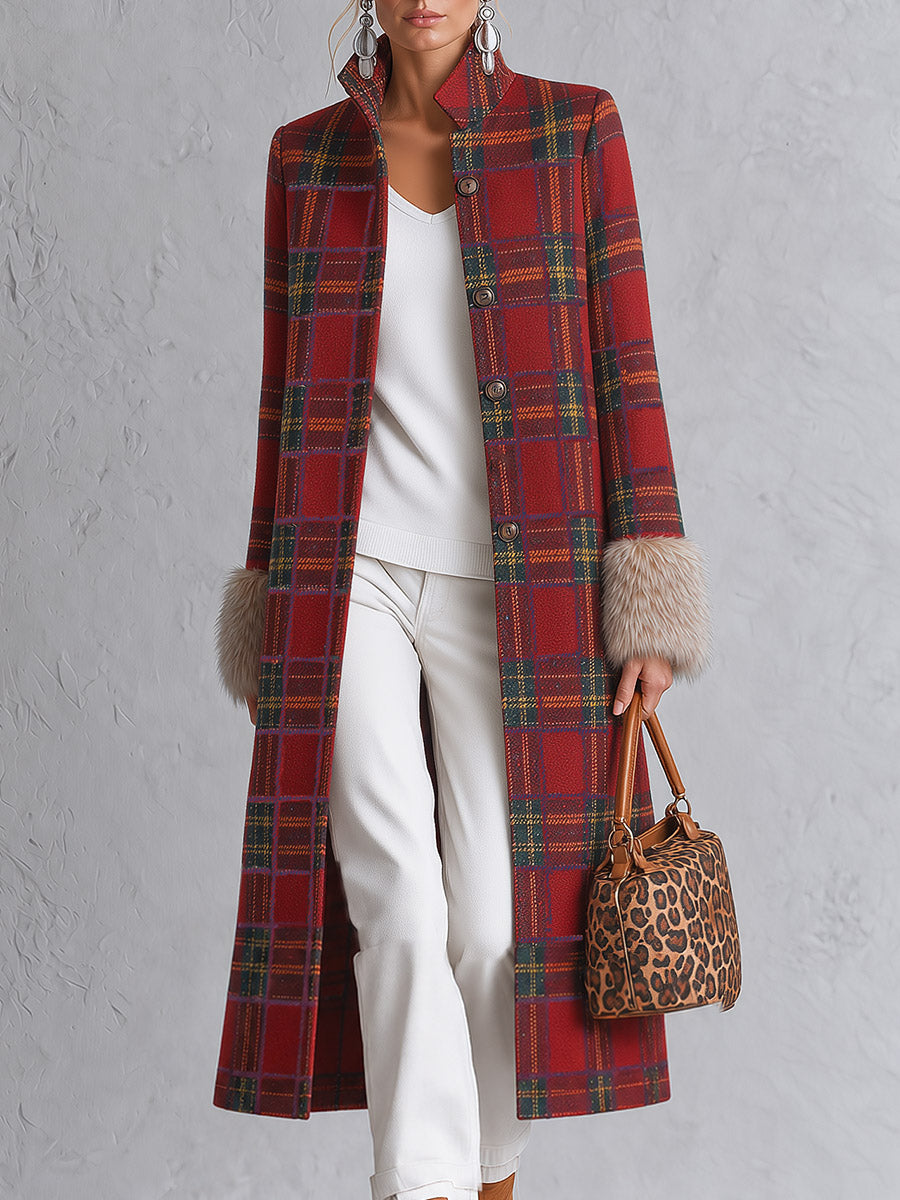 Vintage-style Faux-fur Trimmed Red Plaid Long Coat