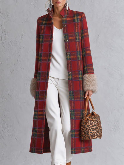 Vintage-style Faux-fur Trimmed Red Plaid Long Coat