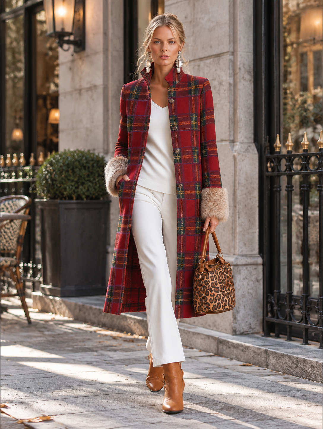Vintage-style Faux-fur Trimmed Red Plaid Long Coat