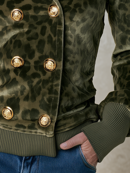 Vintage Olive Leopard Velvet Hooded Double-Breasted Top With Gold Buttons