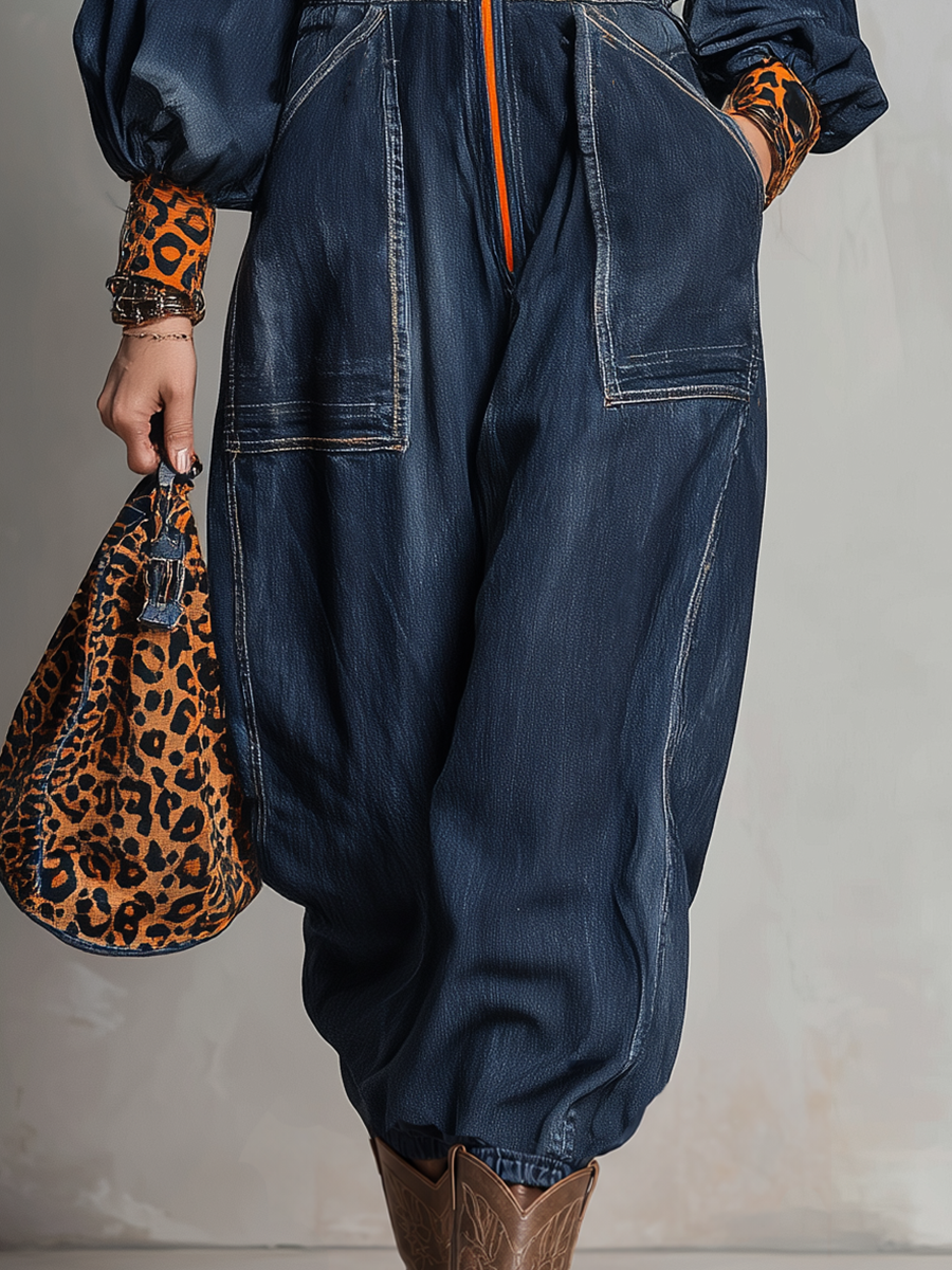 Retro Sporty Leopard Trim Zip Front Balloon Sleeve Denim Jumpsuit
