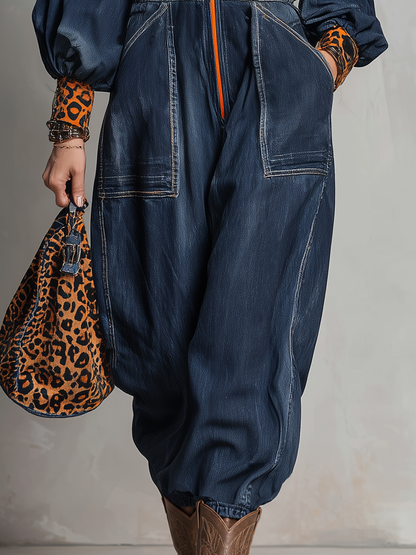 Retro Sporty Leopard Trim Zip Front Balloon Sleeve Denim Jumpsuit