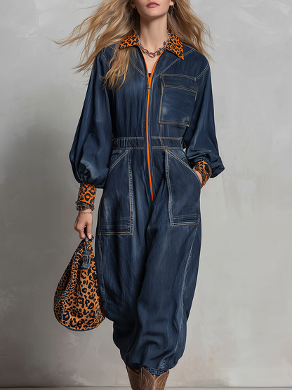 Retro Sporty Leopard Trim Zip Front Balloon Sleeve Denim Jumpsuit