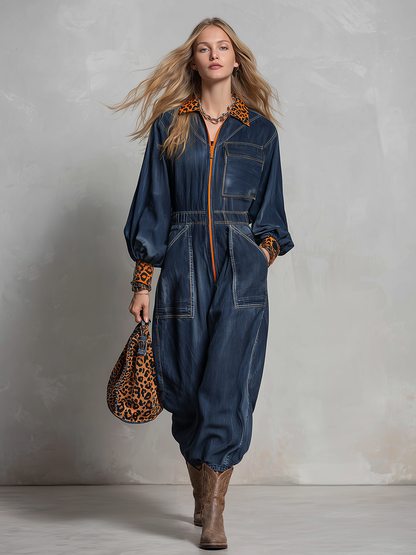 Retro Sporty Leopard Trim Zip Front Balloon Sleeve Denim Jumpsuit
