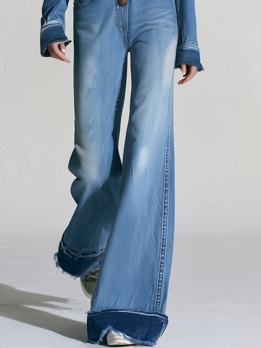 Retro Western Frayed Hem Flare Leg Denim Jumpsuit