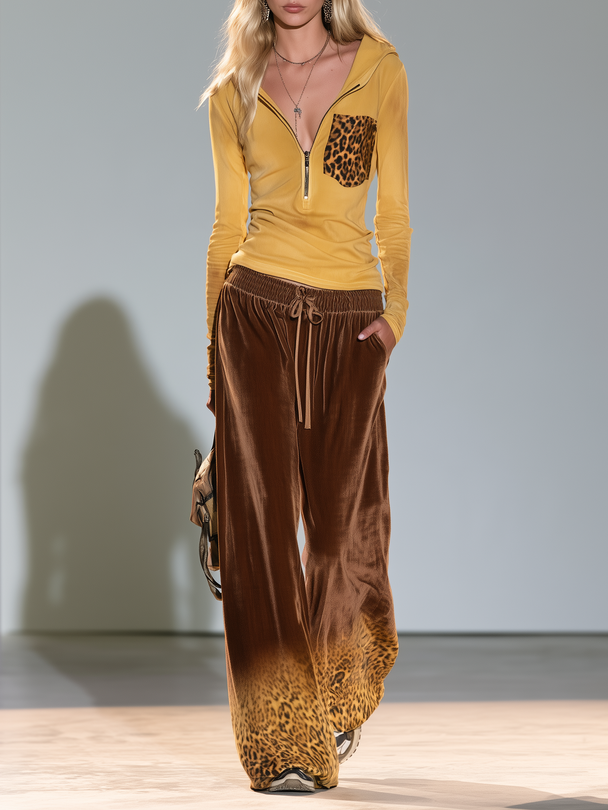 Women Retro Sporty Half-Zip Top And Leopard Velvet Wide-Leg Pants Set